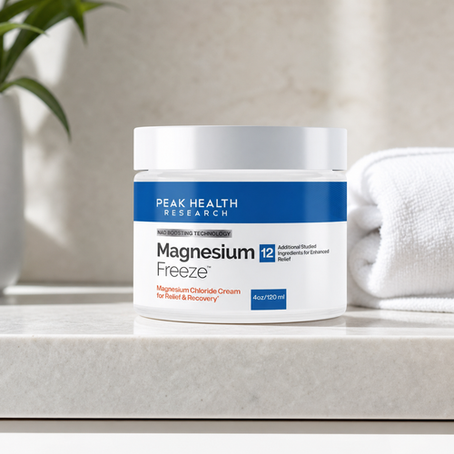 Magnesium Freeze jar on a bathroom shelf
